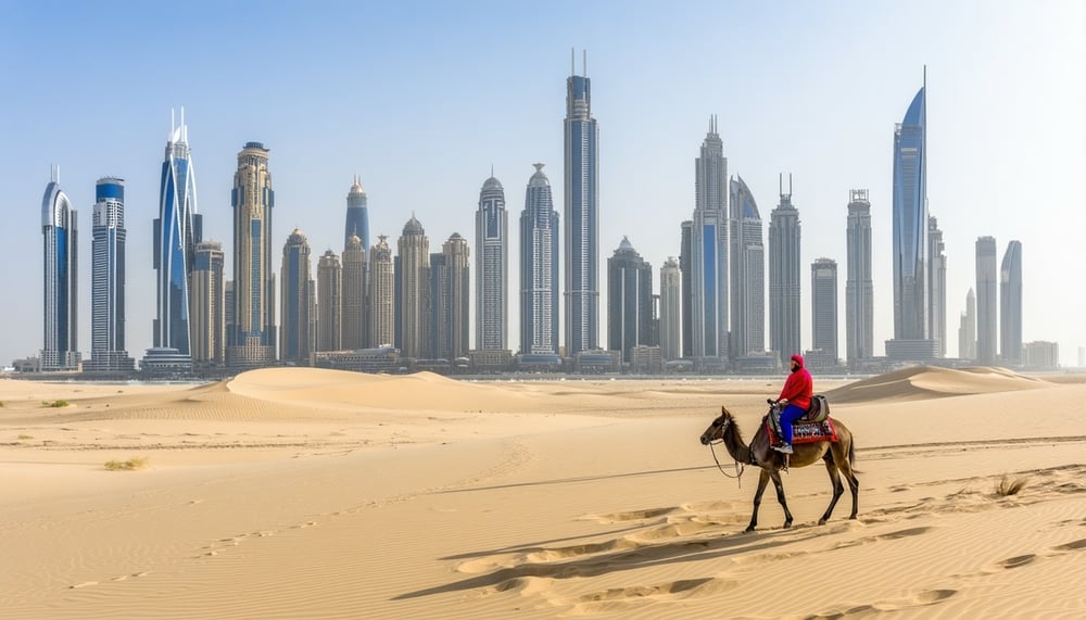 Dubai cityscape with iconic landmarks and desert adventure Dubai cityscape with iconic landmarks and desert adventure