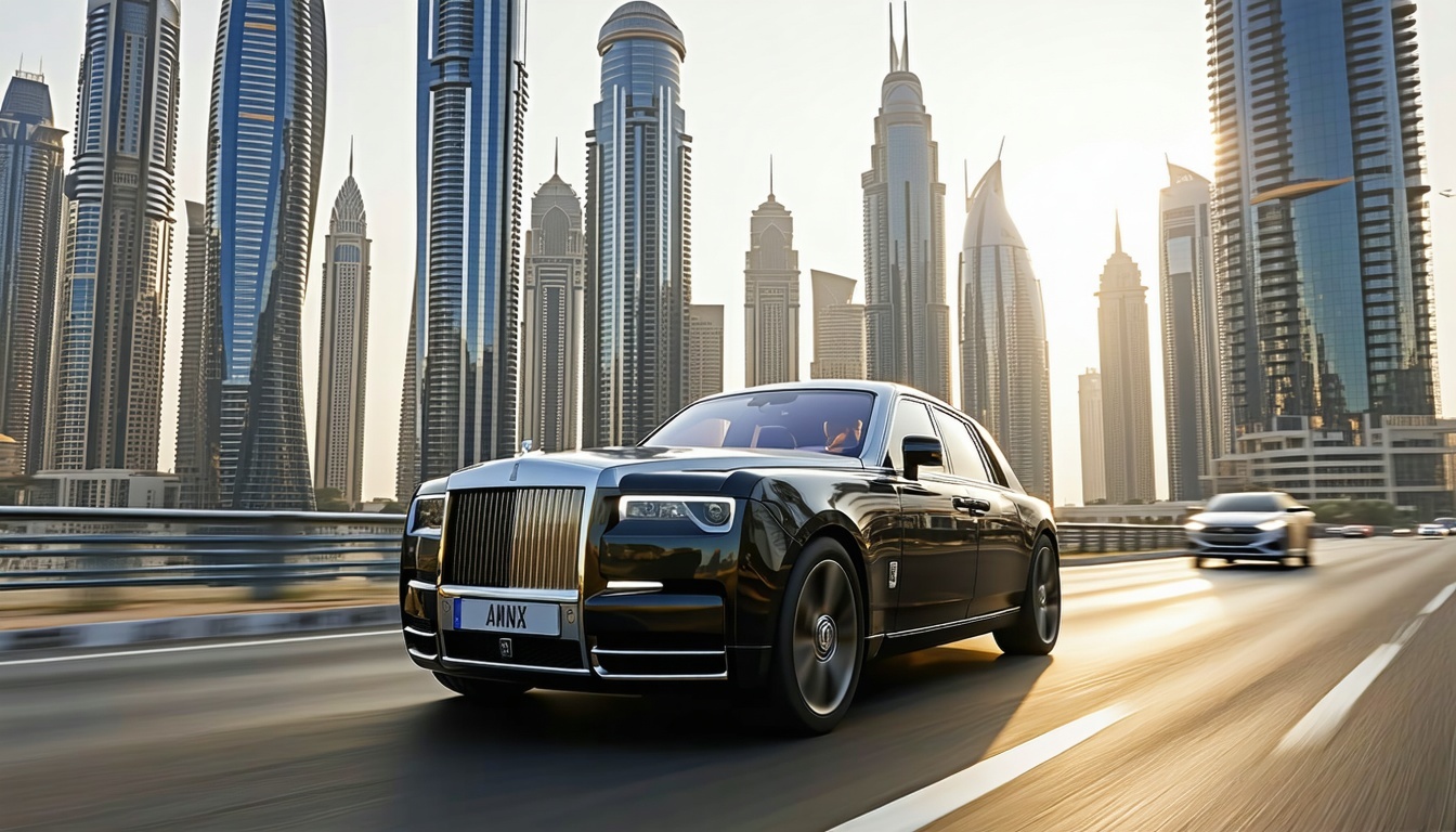 Luxury vehicle driving through Dubai cityscape